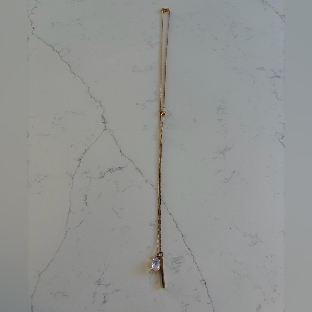 J.Crew long gold tone necklace with pink gem and gold bar pendant
